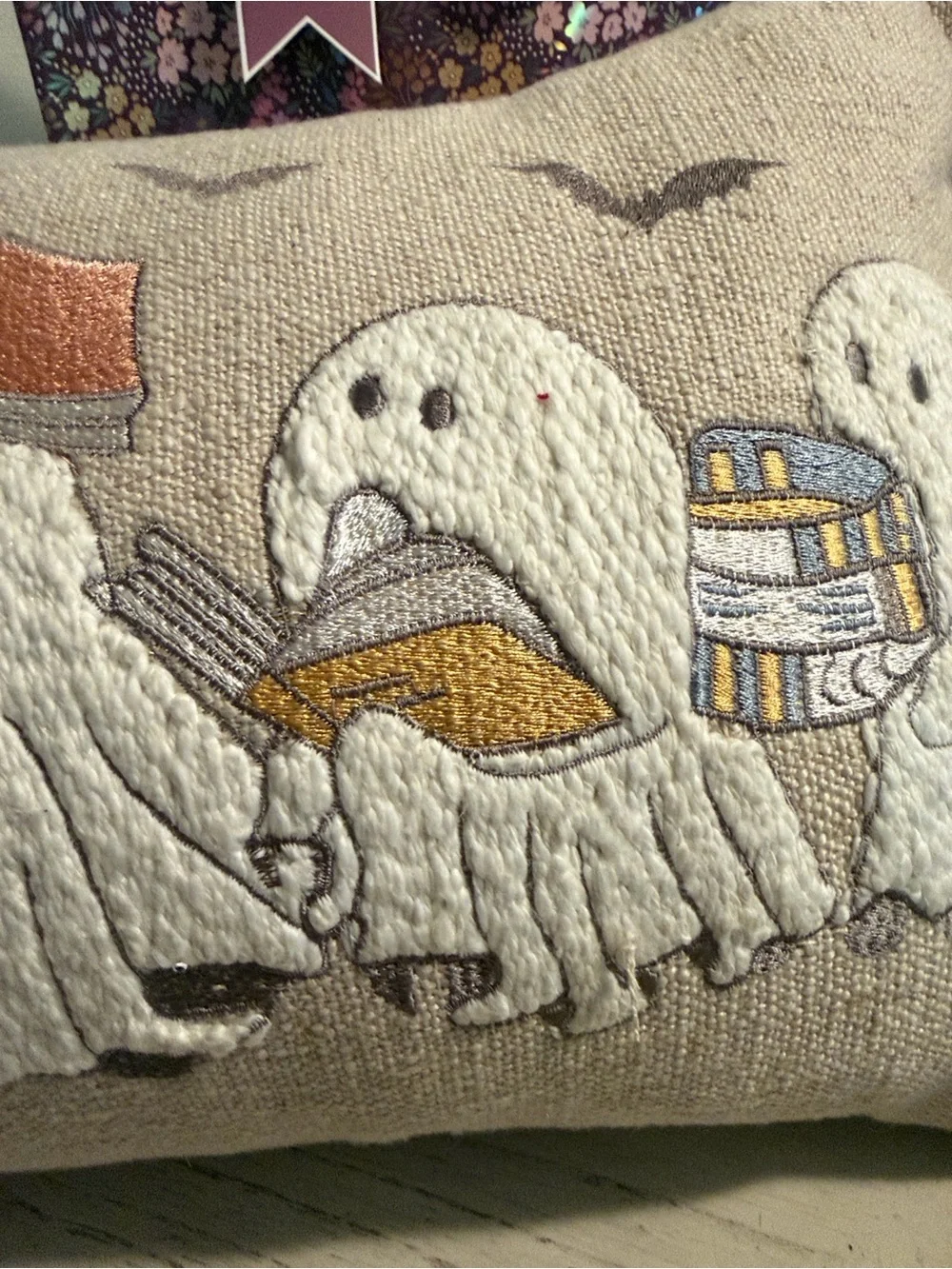 Halloween Ghosts Decorative Pillow - Neutral Beige with Orange & Black Accents